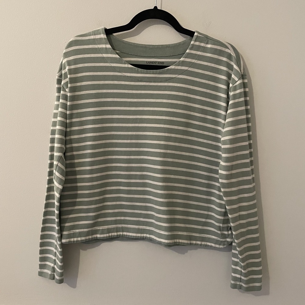 Lands End 100% Cotton Boxy Long Sleeve Green Striped Shirt Sz S Minimalist Basic